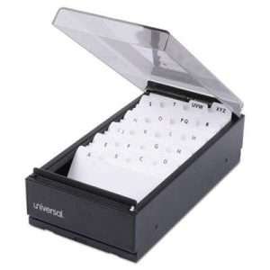 Universal Business Card File, Holds 600 2 x 3.5 Cards, 4.25 x 8.25 x 2.5, Metal/Plastic, Black
